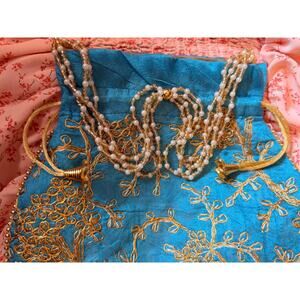 Blue Gold Embroidered Indian Potli Bag, Drawstring Beaded Handle Wedding